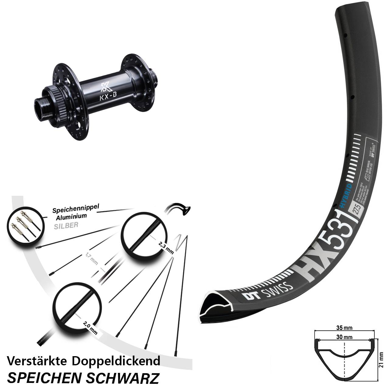 KX-B Boost 15x110 mm DT Swiss HX 531 Vorderrad 29 Zoll Centerlock E-Bike