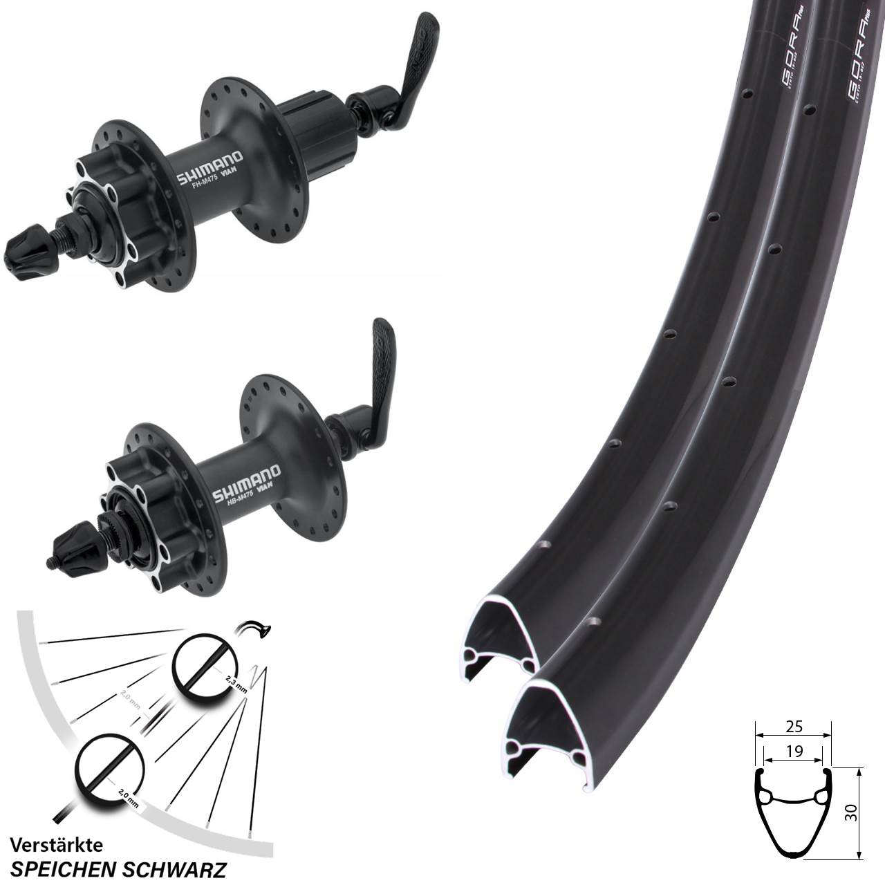 6-Loch Laufradsatz 28 Zoll Gora Plus Shimano FH-M475 HB-M475 8-11 fach QR
