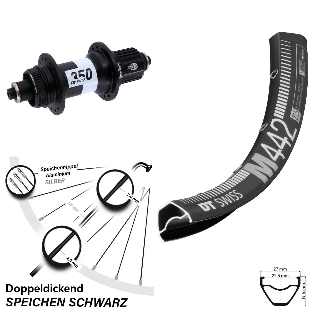 28 Zoll DT Swiss M 442-350 Disc Laufrad für Schnellspanner Shimano Micro Spline
