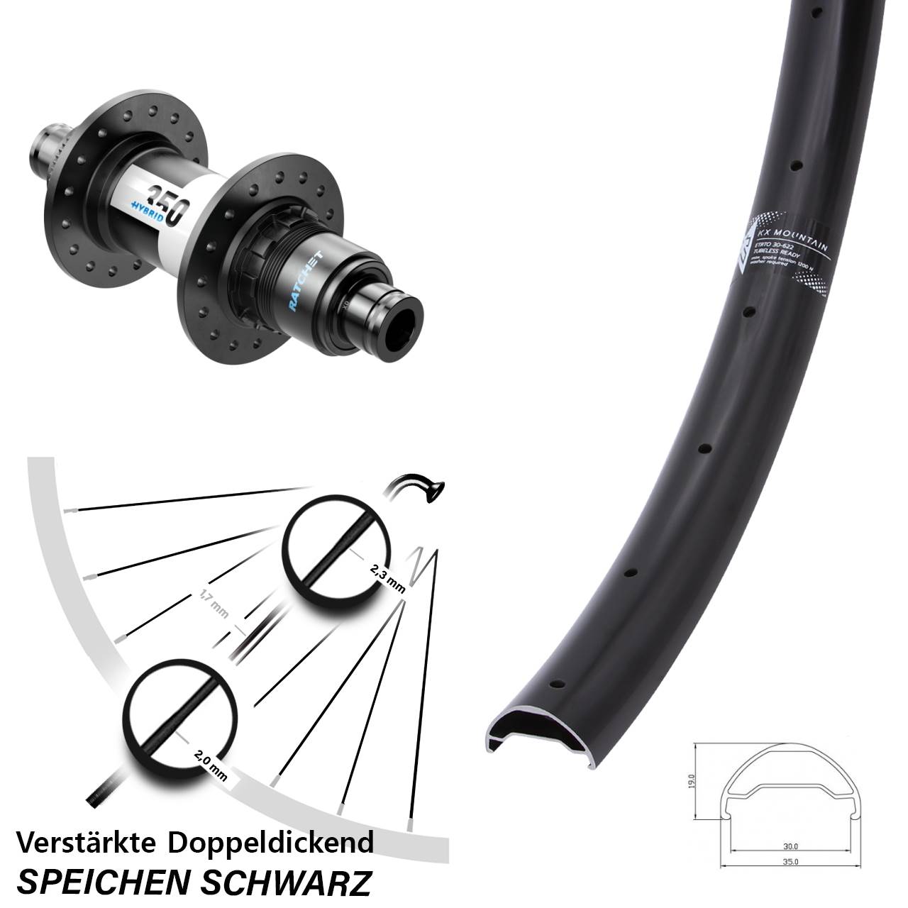 Hinterrad Centerlock 29 Zoll KX Mountain DT Swiss 350 Hybrid XD 12x148 Boost