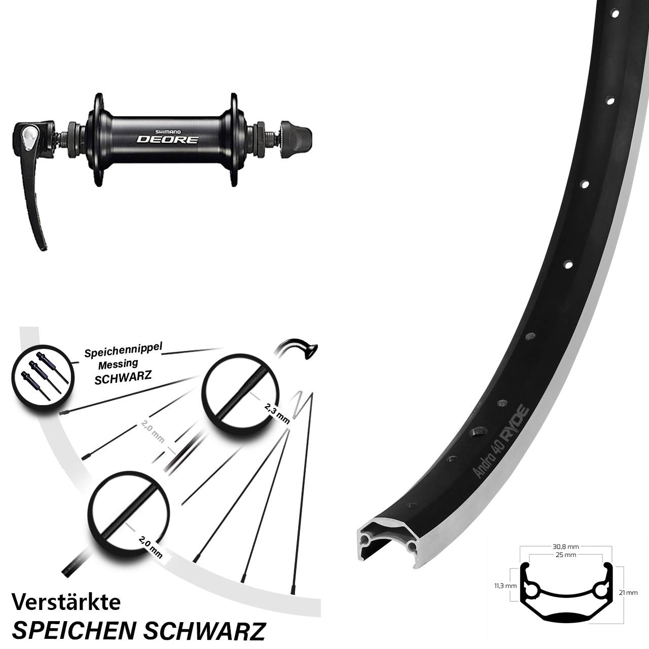 Ryde Andra 40 28 Zoll Vorderrad Shimano Deore verstärkt schwarz