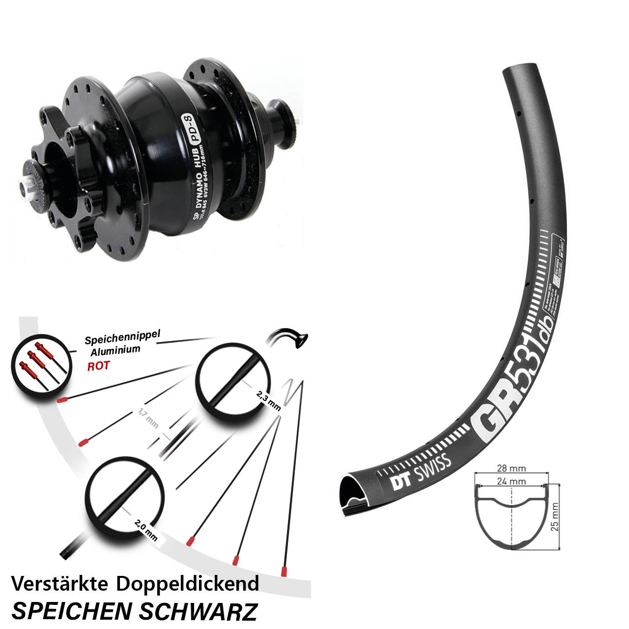 Disc Laufrad mit Nabendynamo 29 Zoll DT Swiss GR 531 Shutter Precision PD-8 QR