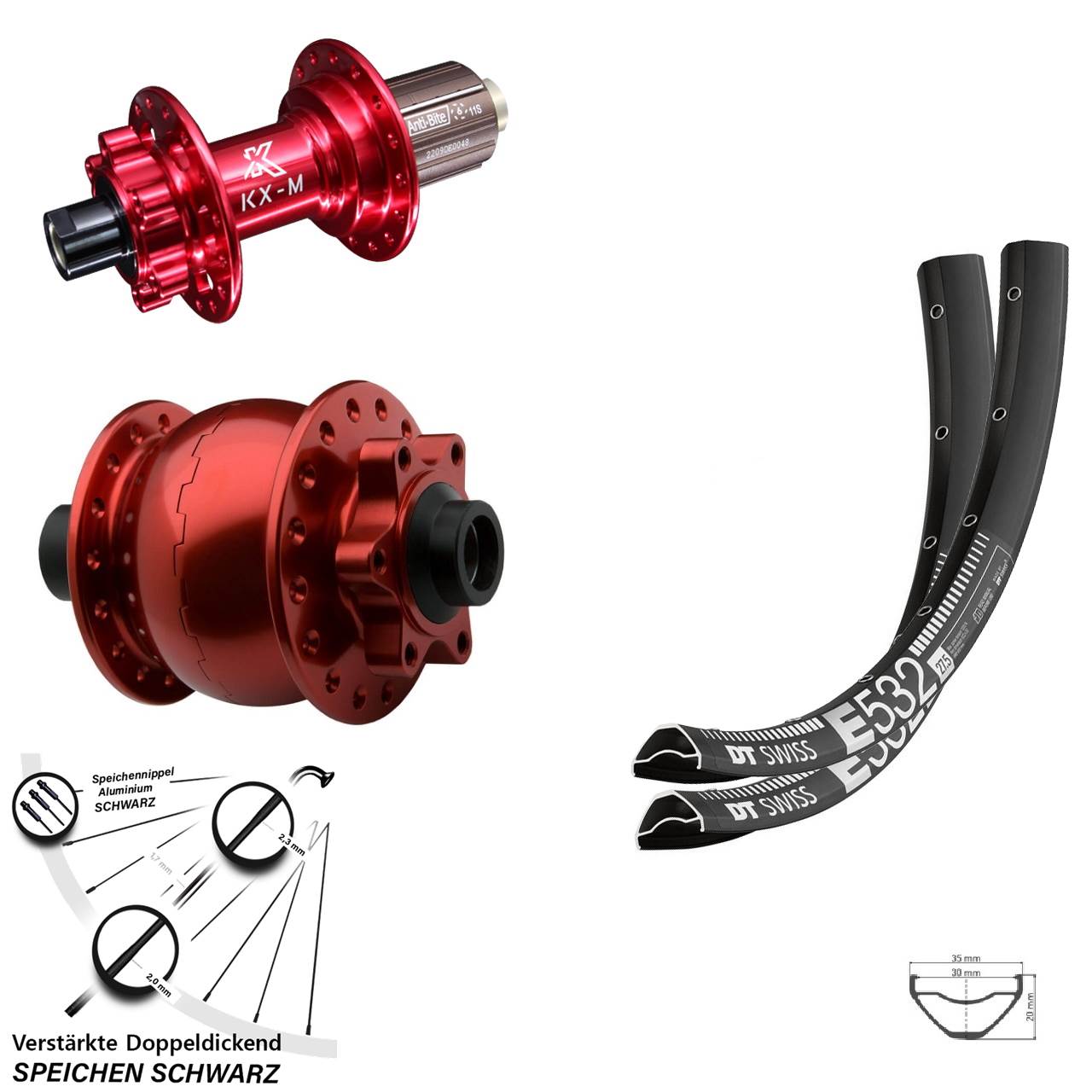DT Swiss E532 KX-M rot SON 28 27,5 Zoll 6-Loch Laufradsatz 15x100 12x142 8-12 fach