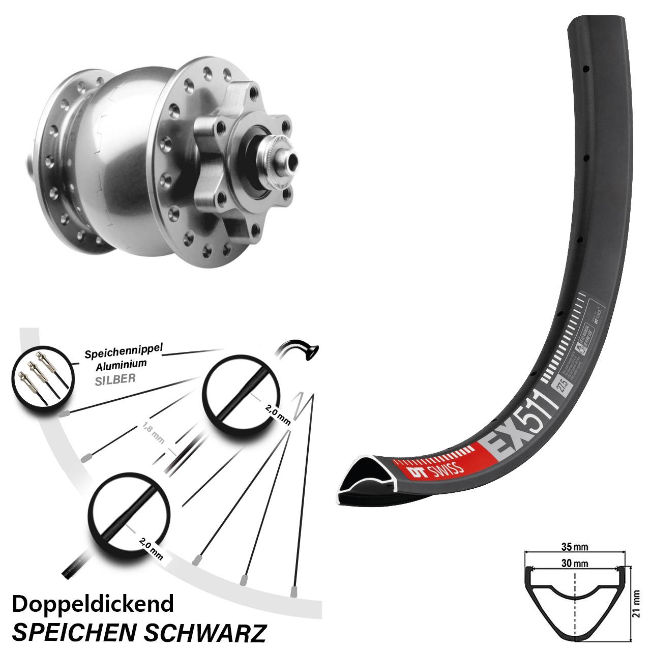 Nabendynamovorderrad 6-Loch für Schnellspanner 27,5 Zoll DT Swiss EX 511 SON 28 silbern