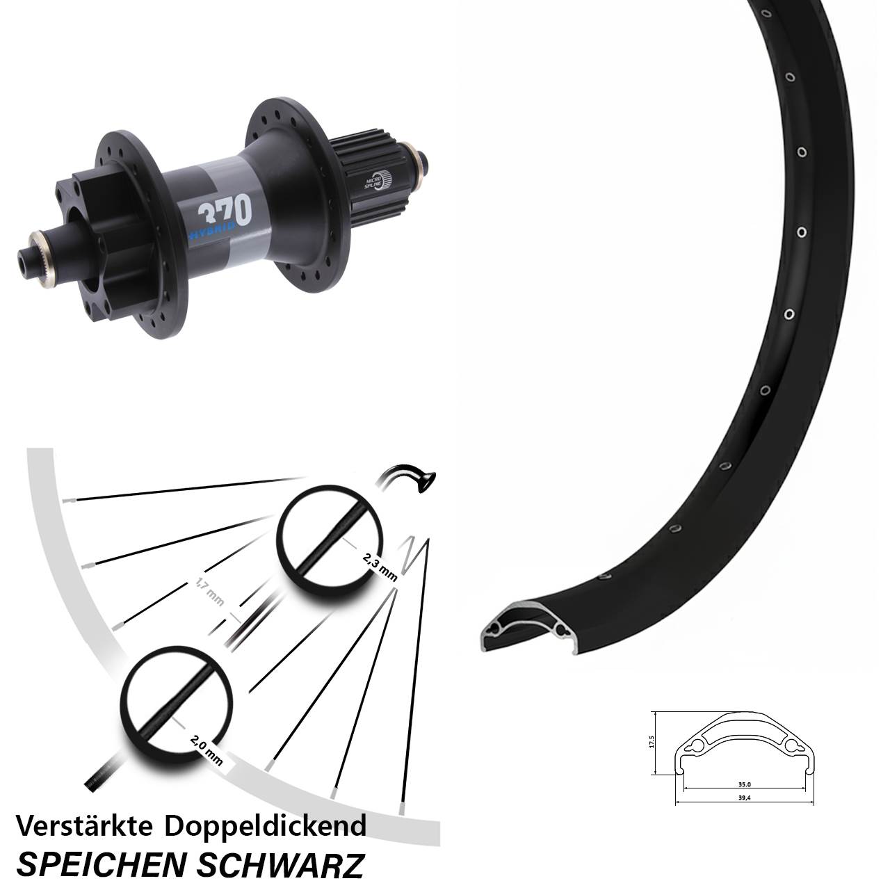 29 Zoll Ryde Disc 35 DT Swiss 370 Hybrid Hinterrad für Schnellspanner Boost Micro Spline