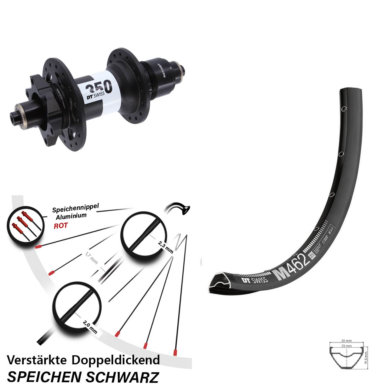 27,5 Zoll DT Swiss M462 350 Hinterrad 6-Loch für Schnellspanner XD