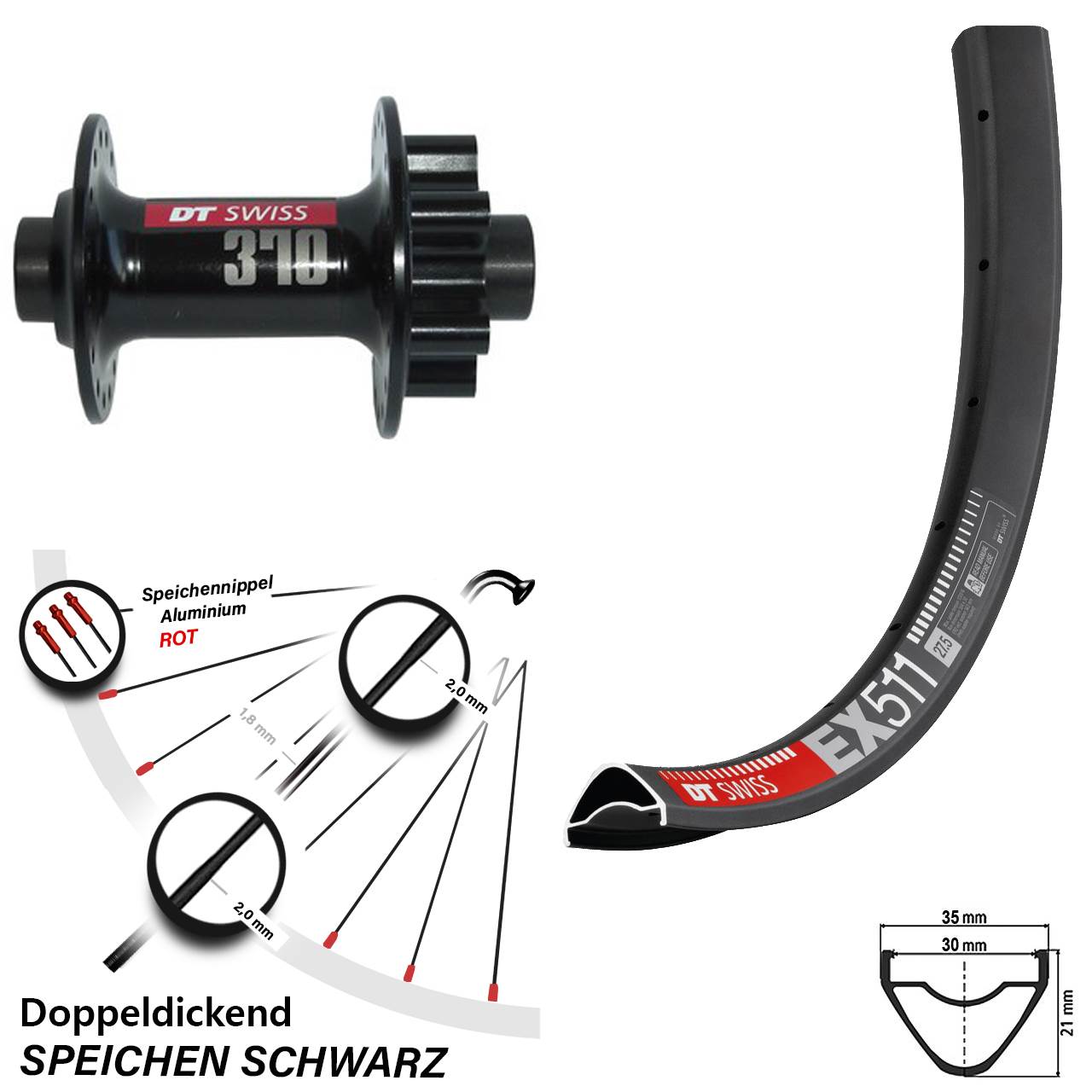 DT Swiss EX 511 Vorderrad 29 Zoll 370 Disc 6-Loch 15x100 mm Nabe