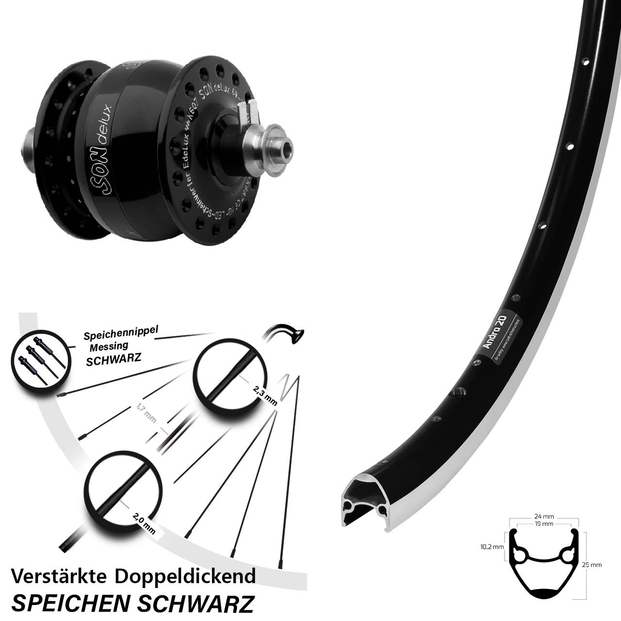 28 Zoll Vorderes Rad mit Nabendynamo Ryde Andra 20 SON delux schwarz