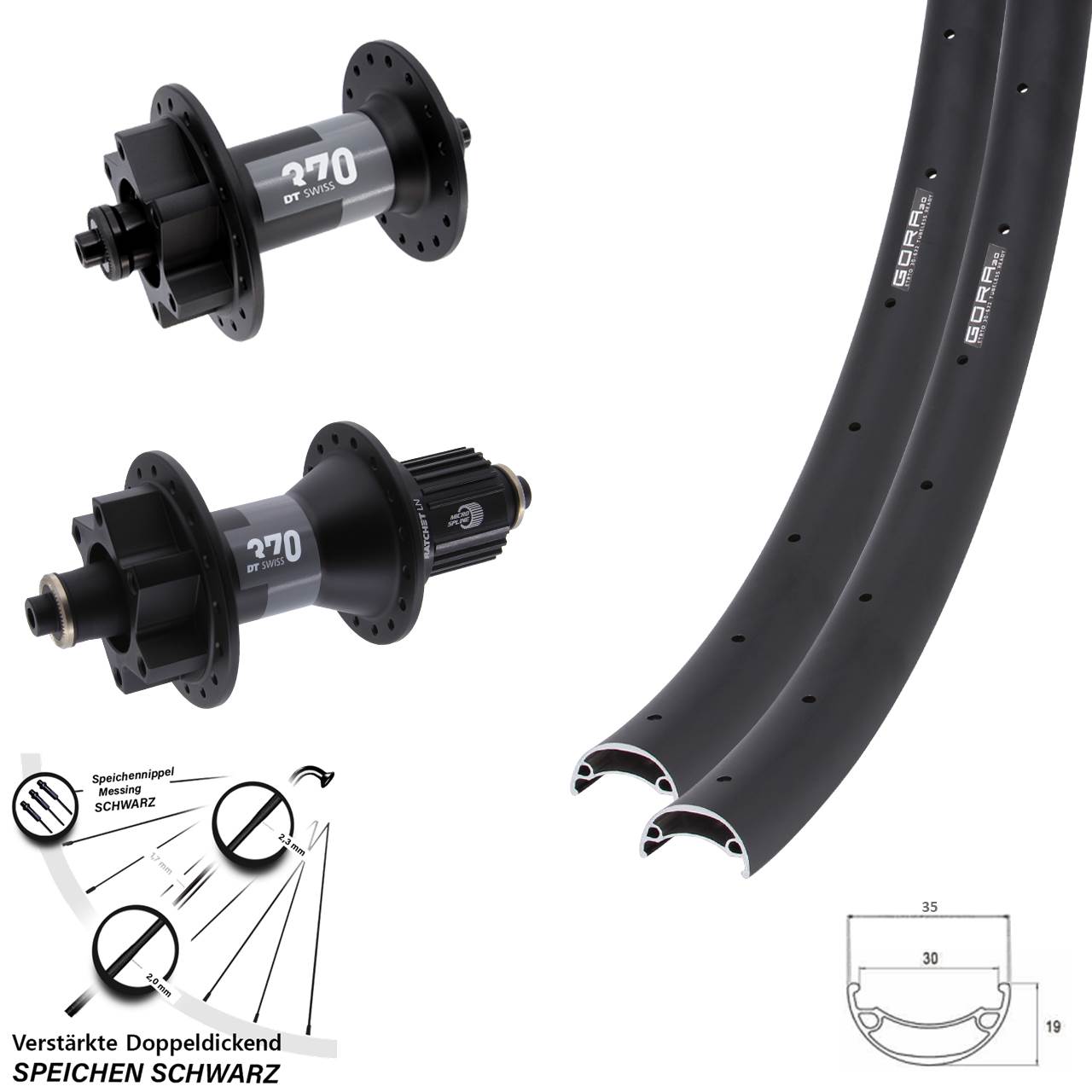 Disc Laufradsatz 27,5 Zoll Gora 30 DT Swiss 370 Shimano Micro Spline für Schnellspanner