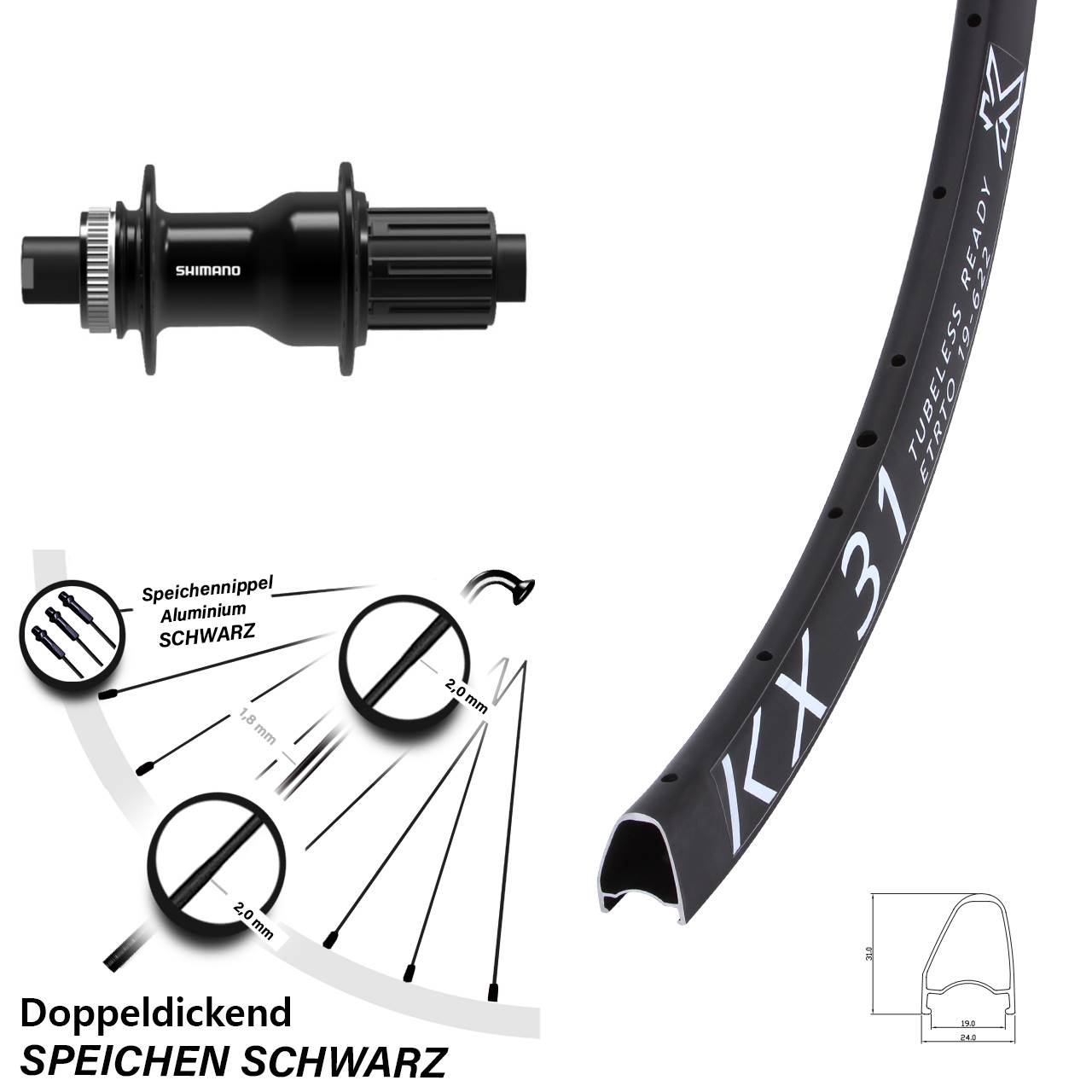 28 Zoll KX 31 Offset Shimano FH-TC500 Hinterrad Centerlock 12x142 11-12 fach