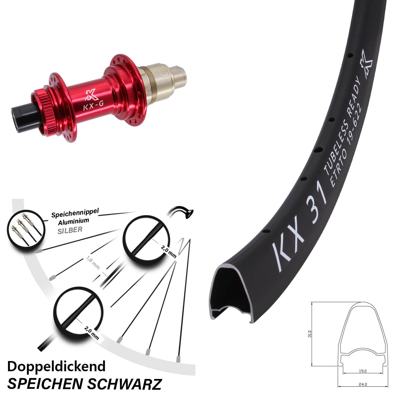 Disc Laufrad 28 Zoll KX-G 31 rot 12x142
