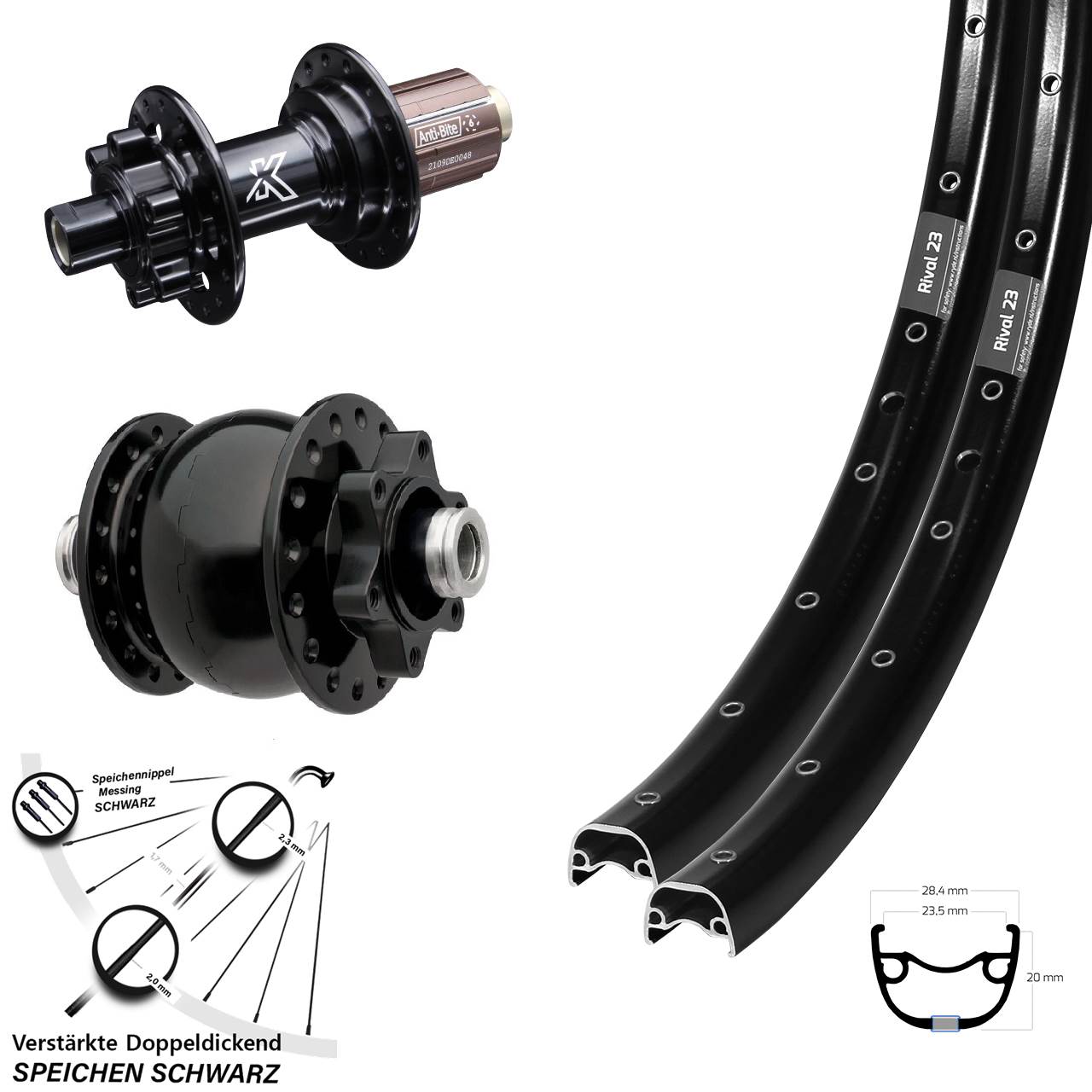 27,5 Zoll Ryde Rival 23 Disc schwarz Laufradsatz 12x100/142 KX-M 8-12 fach HG SON 28