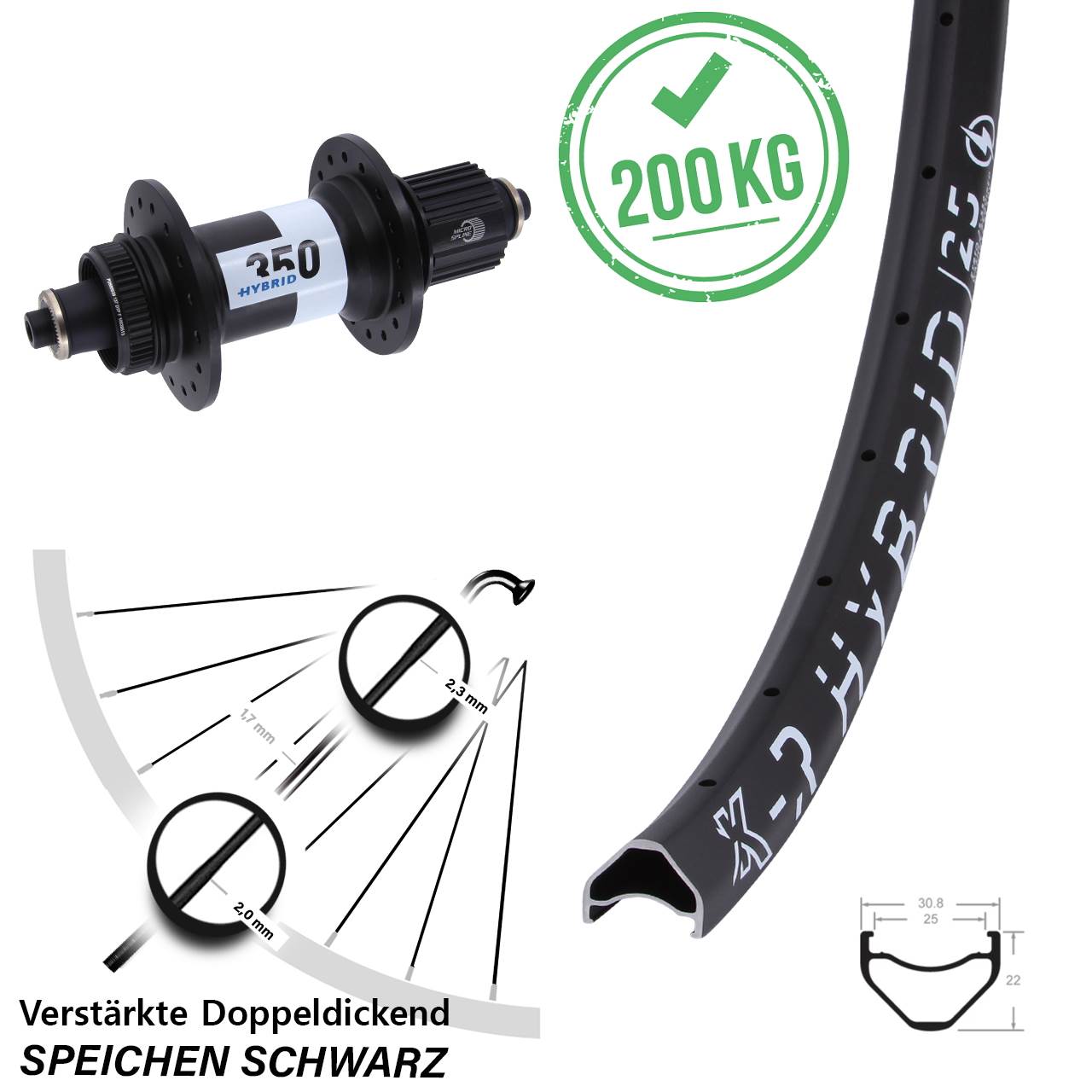 26 Zoll KX-R Hybrid 25 DT Swiss 350 Laufrad für Schnellspanner Shimano Micro Spline