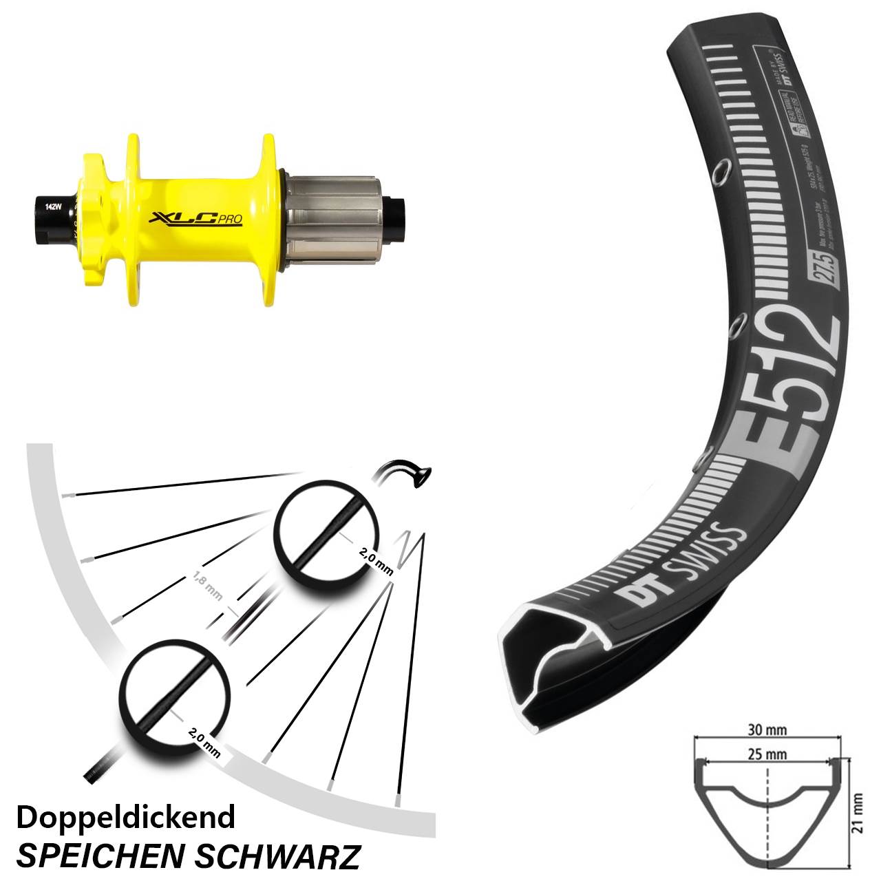 DT Swiss E 512 XLC gelb 27,5 Zoll Disc Hinterrad 12x142 8-11 fach