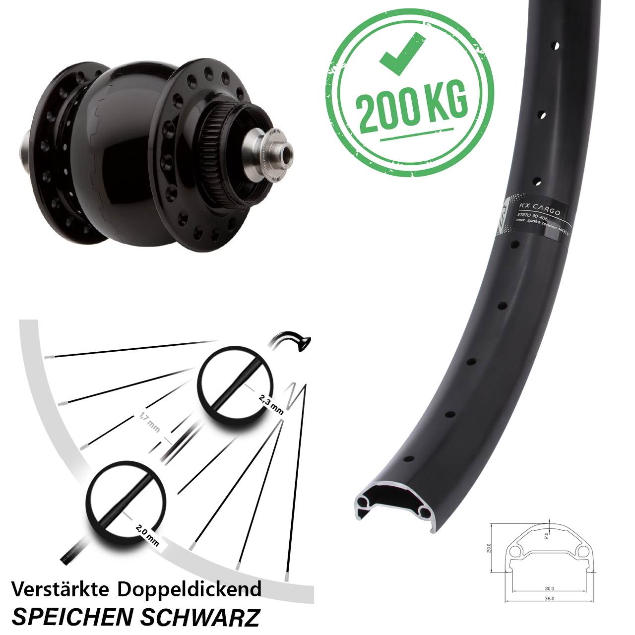 26 Zoll Vorderrad mit Nabendynamo KX Cargo SON 28 Disc Centerlock schwarz eloxiert