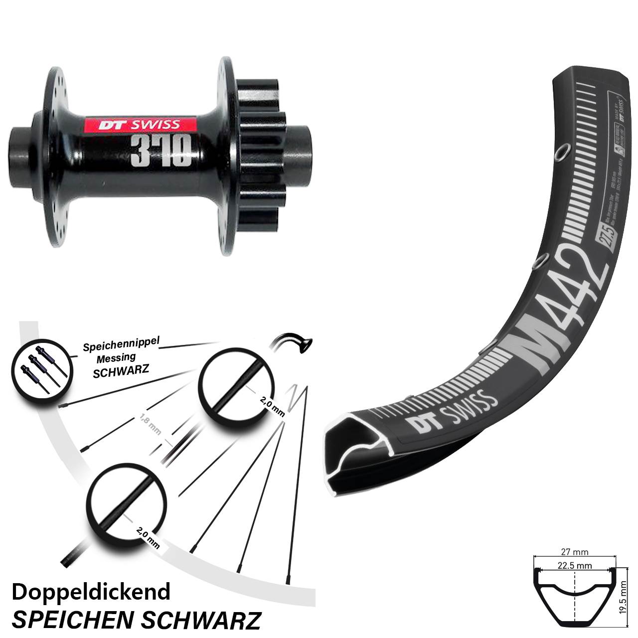 28 Zoll DT Swiss M442-370 Disc Vorderrad 12x100