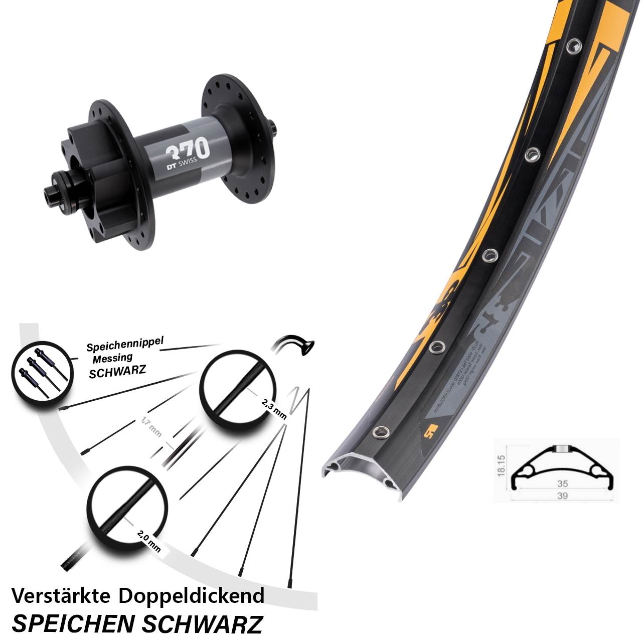 Vorderrad 6-Loch 27,5 Zoll Rodi TRYP 35 DT Swiss 370 für Schnellspanner
