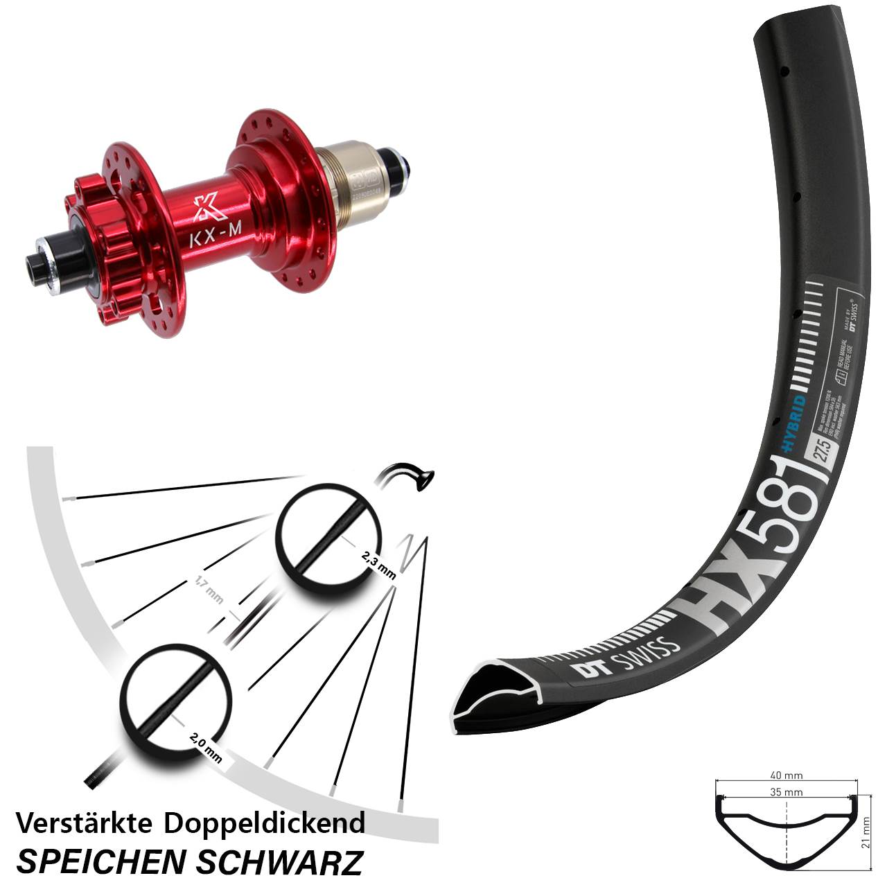6-Loch Hinterrad 27,5 Zoll DT Swiss HX581 KX-M rot XD 11-12 fach für Schnellspanner