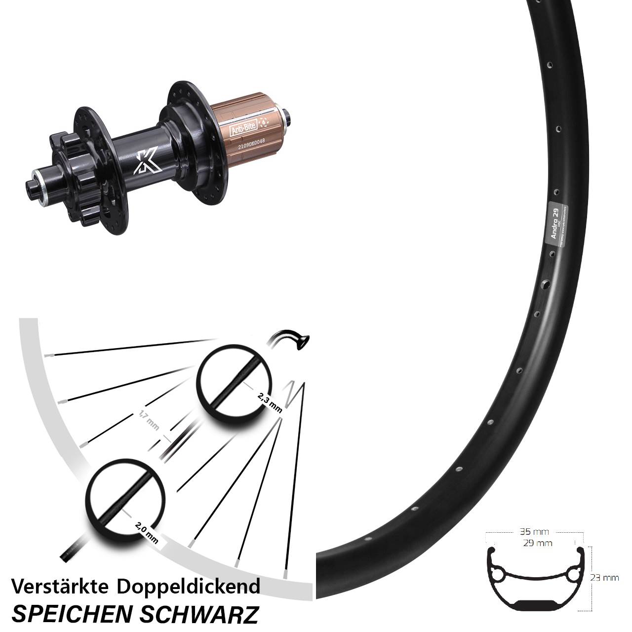 Lastenrad Ryde Andra 29-622 ETRTO Disc Hinterrad KX-M Nabe 5x135 mm 6-Loch