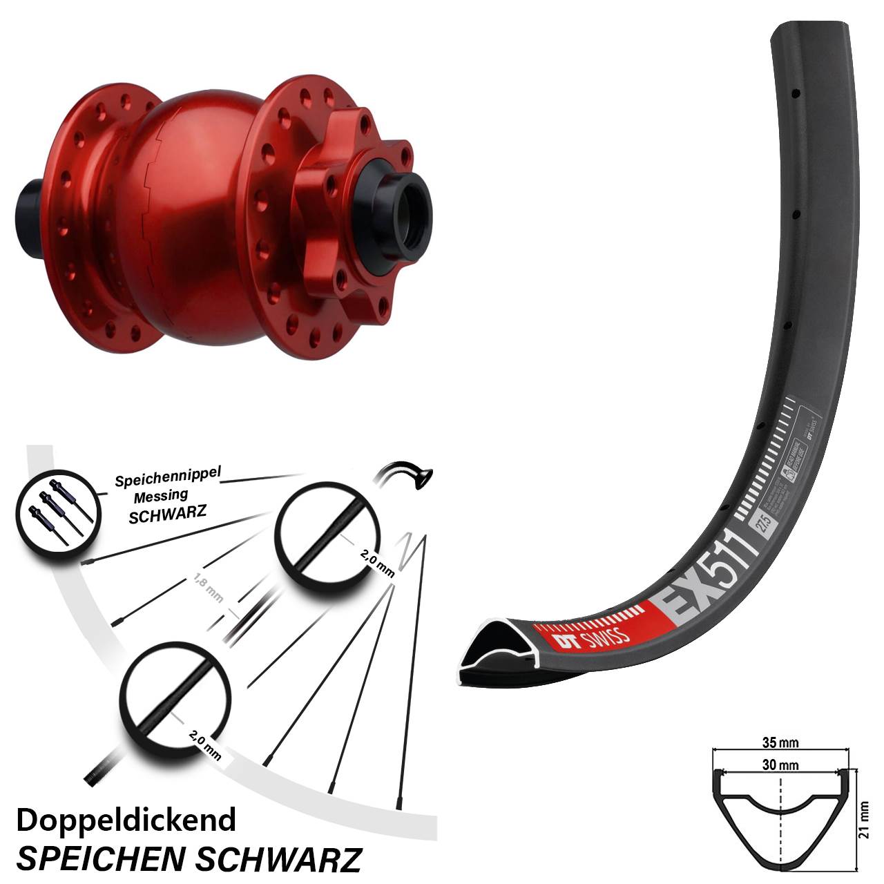 29 Zoll DT Swiss EX 511 SON 28 rot Disc Nabendynamolaufrad 15x110 Boost