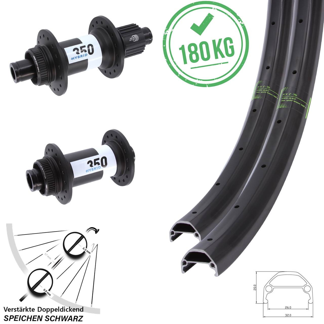 29 Zoll KX Evo DT Swiss 350 Hybrid Laufrad-Satz 15x110 12x148 Boost Shimano Micro Spline