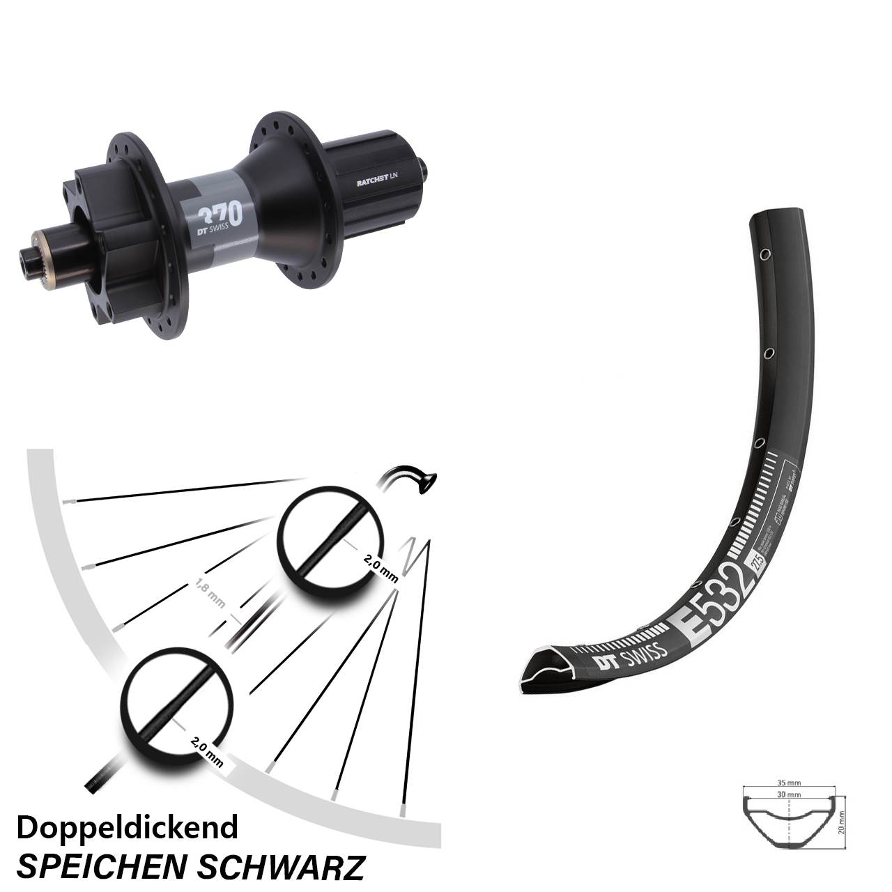 29 Zoll DT Swiss E532-370 Disc Laufrad für Schnellspanner 8-11 fach