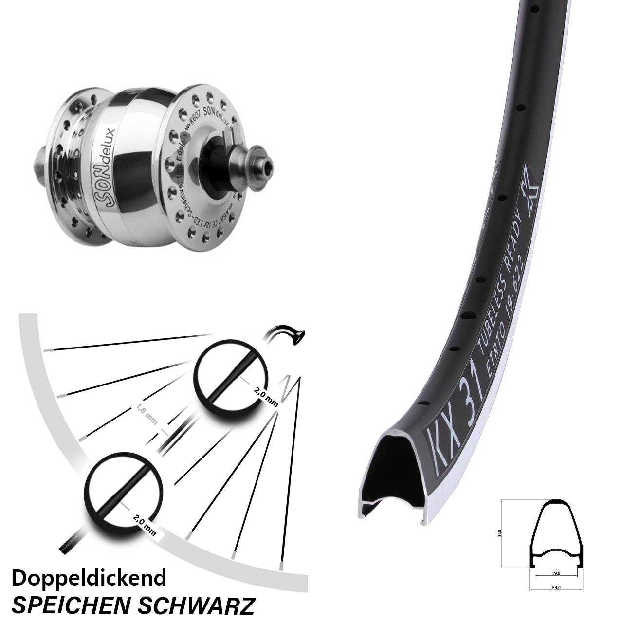 Nabendynamovorderrad für Schnellspanner 28 Zoll KX 31 SONdelux poliert