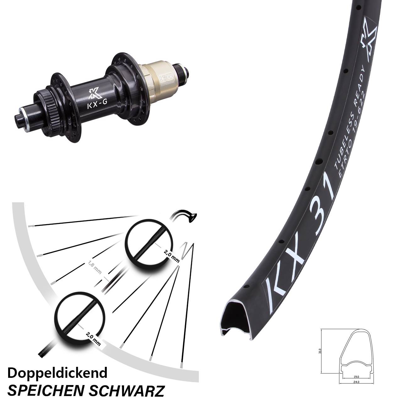 Centerlock Hinterrad QR 28 Zoll KX-G 31 Offset XD-R