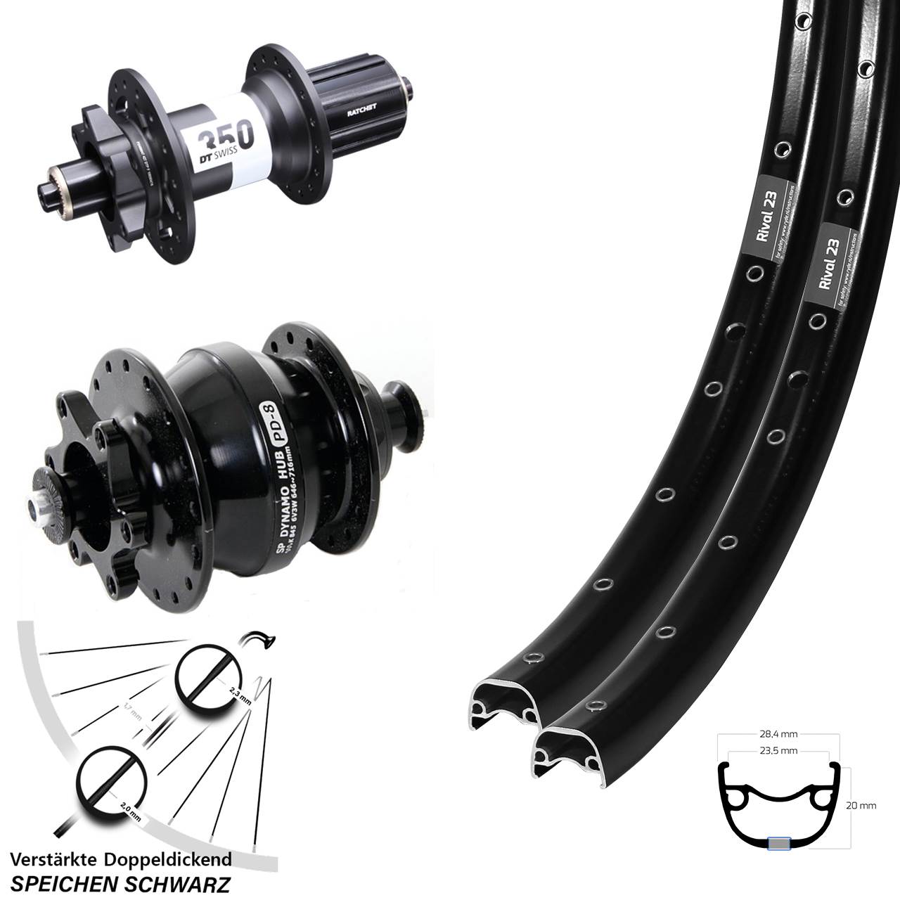 Laufrad-Satz 27,5 Zoll Ryde Rival 23 DT Swiss 350 SP PD-8 Disc 6-Loch 8-11 fach HG QR