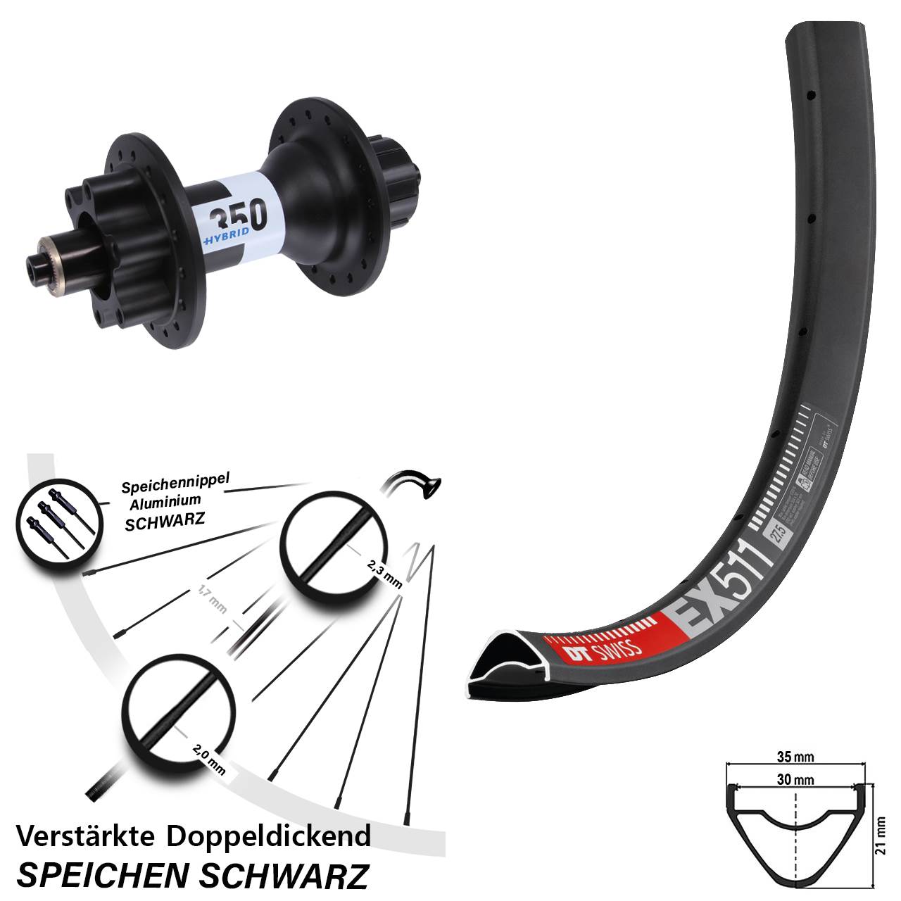 Hinterrad 27, 5 Zoll DT Swiss EX 511-350 Hybrid 6-Loch Singlespeed 5x135