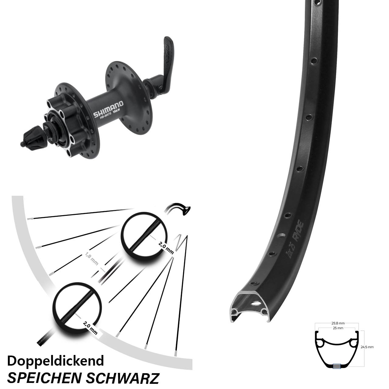 Vorderrad 6-Loch 28 Zoll Ryde ZAC 25 Shimano HB-M475 QR