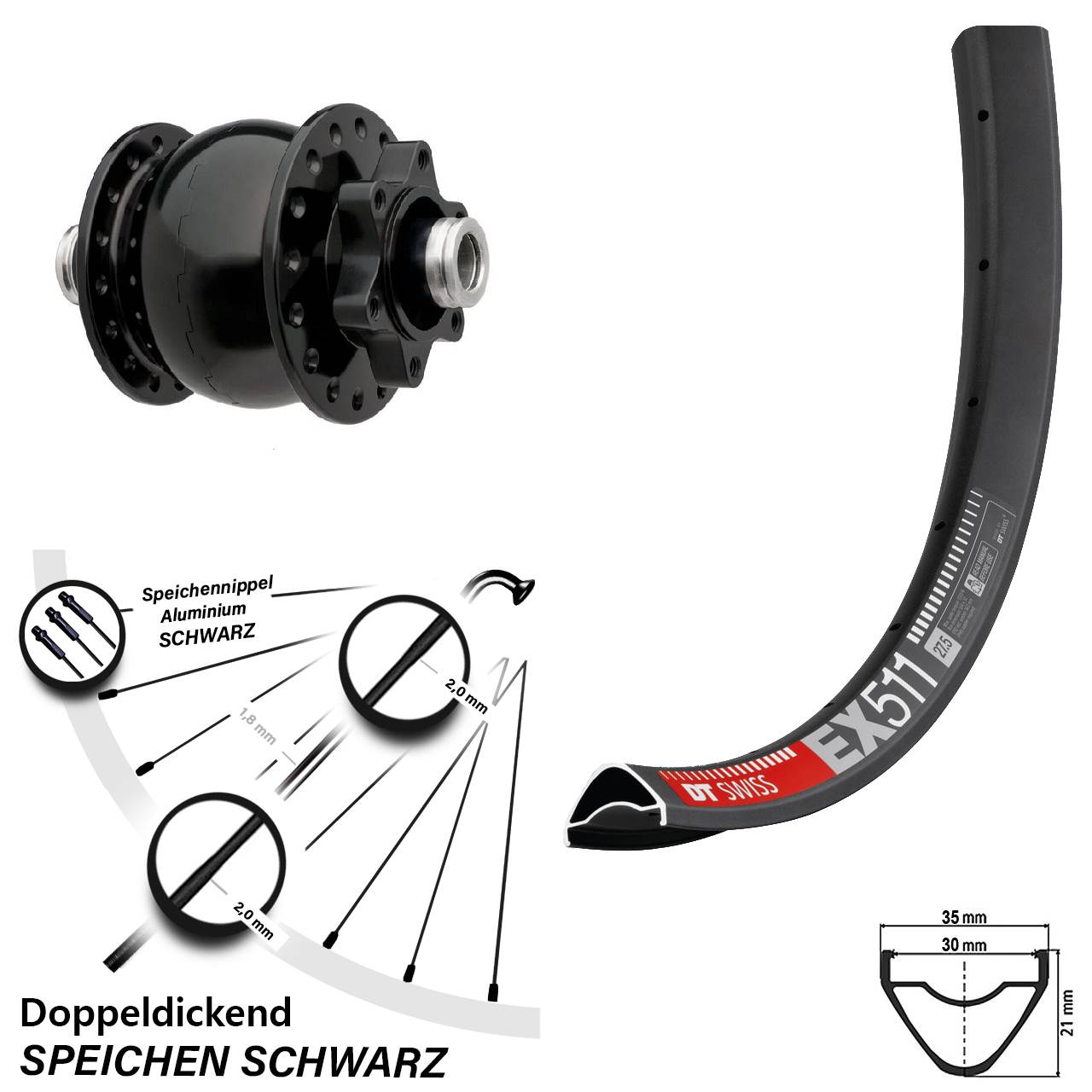 6-Loch Dynamo-Vorderrad 29 Zoll DT Swiss EX 511 SON 28 12x100
