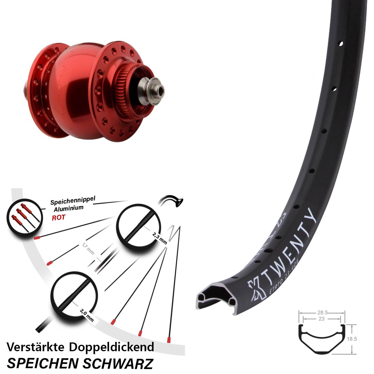 Vorderrad 20 Zoll KX Twenty schwarz SON Delux Nabendynamo rot verstärkt Centerlock