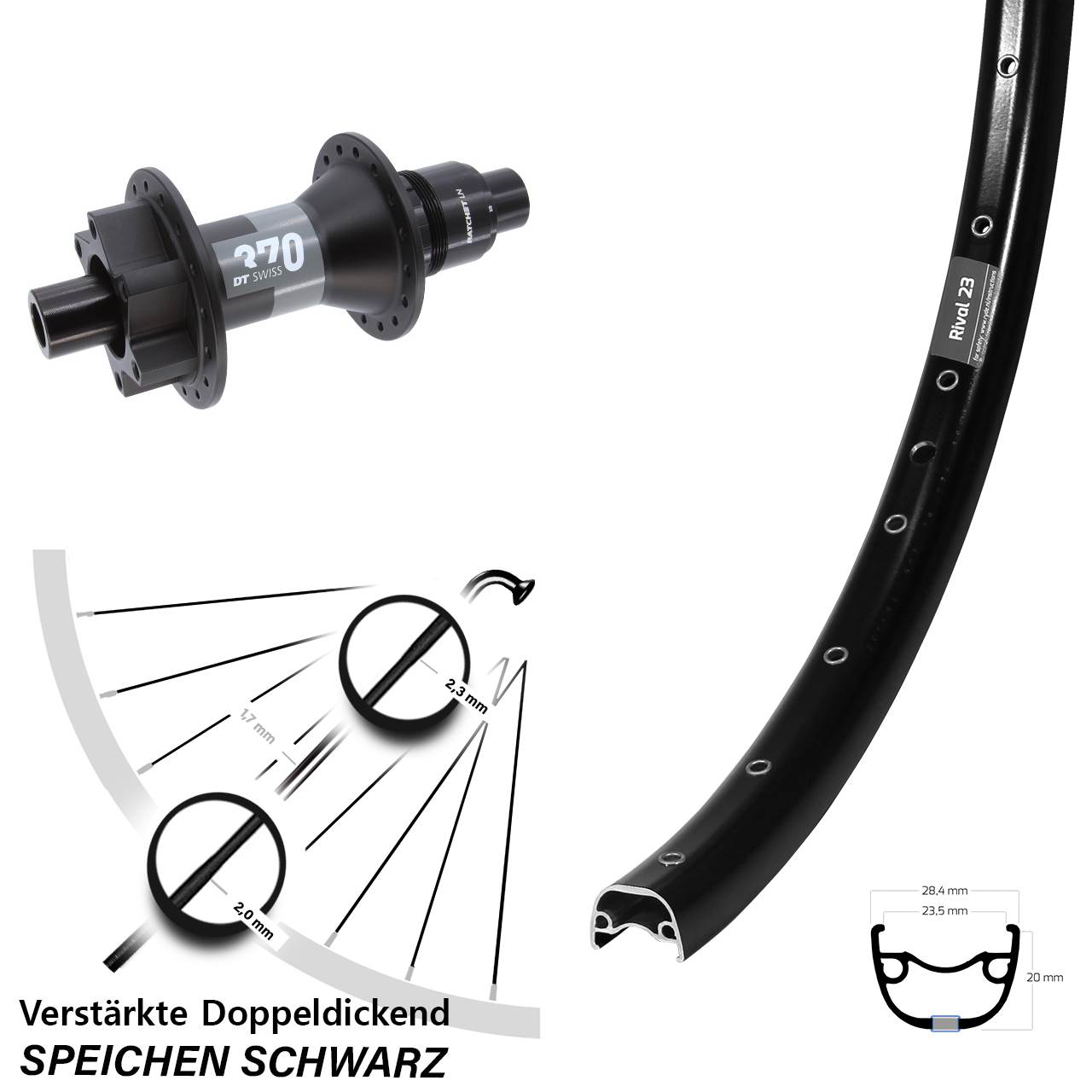 27,5 Zoll Ryde Rival 23 DT Swiss 370 Boost 6-Loch Hinterrad 12x148 Boost XD
