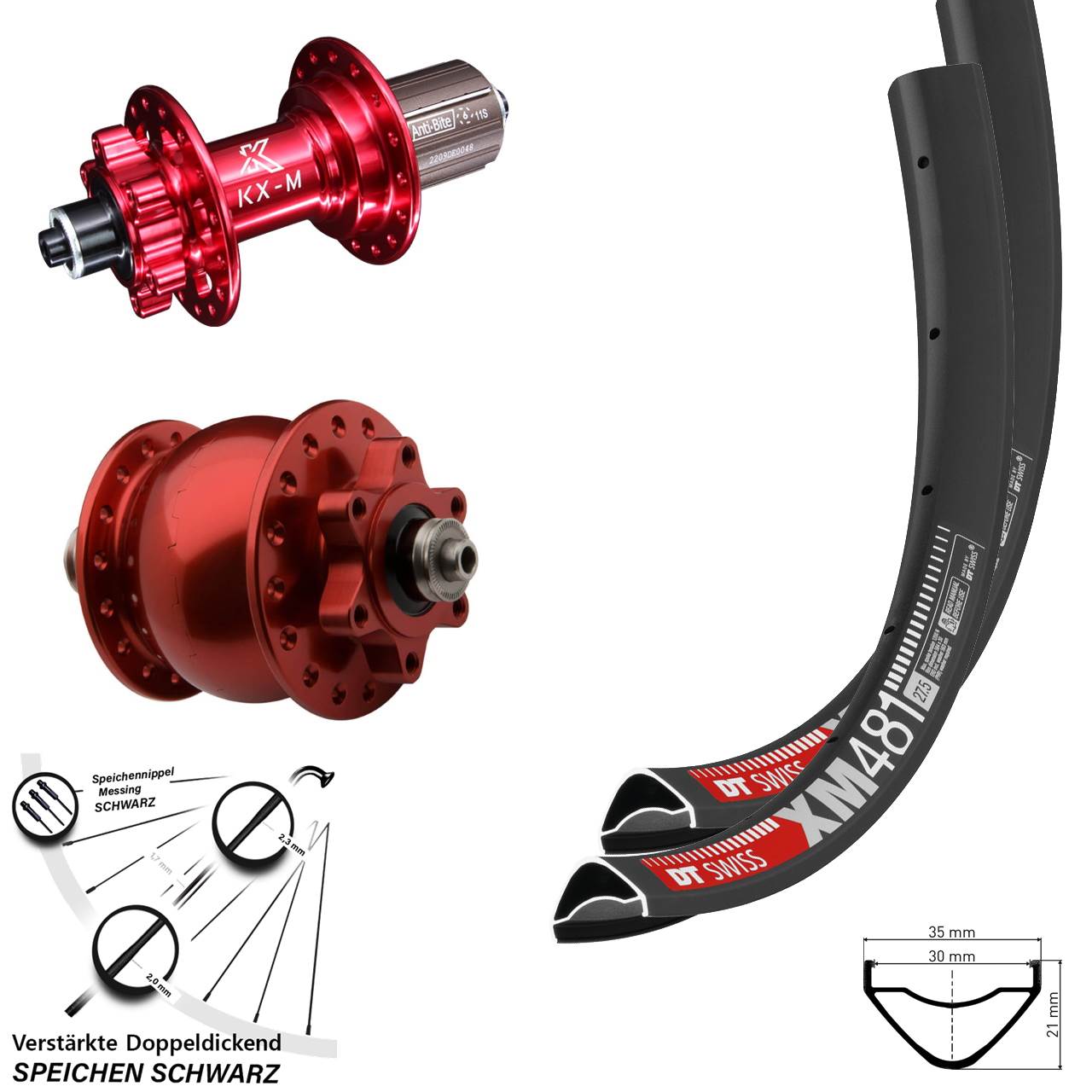 27,5 Zoll DT Swiss XM 481 KX-M rot Disc 6-Loch SON 28 Laufradsatz QR 8-12 fach HG