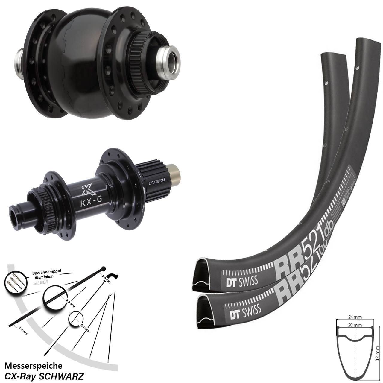 DT Swiss RR521 KX-G Steckachse SON 28 Zoll Disc Laufradsatz 12x100/142 CX-Ray Micro Spline