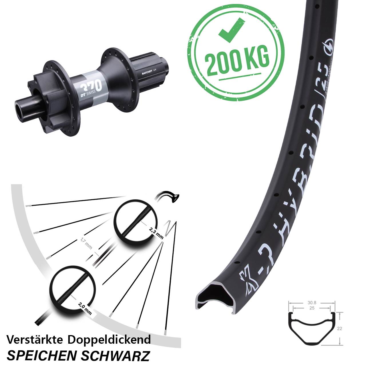 26 Zoll KX-R Hybrid 25 DT Swiss 370 Disc Hinterrad 12x148 8-11 fach HG