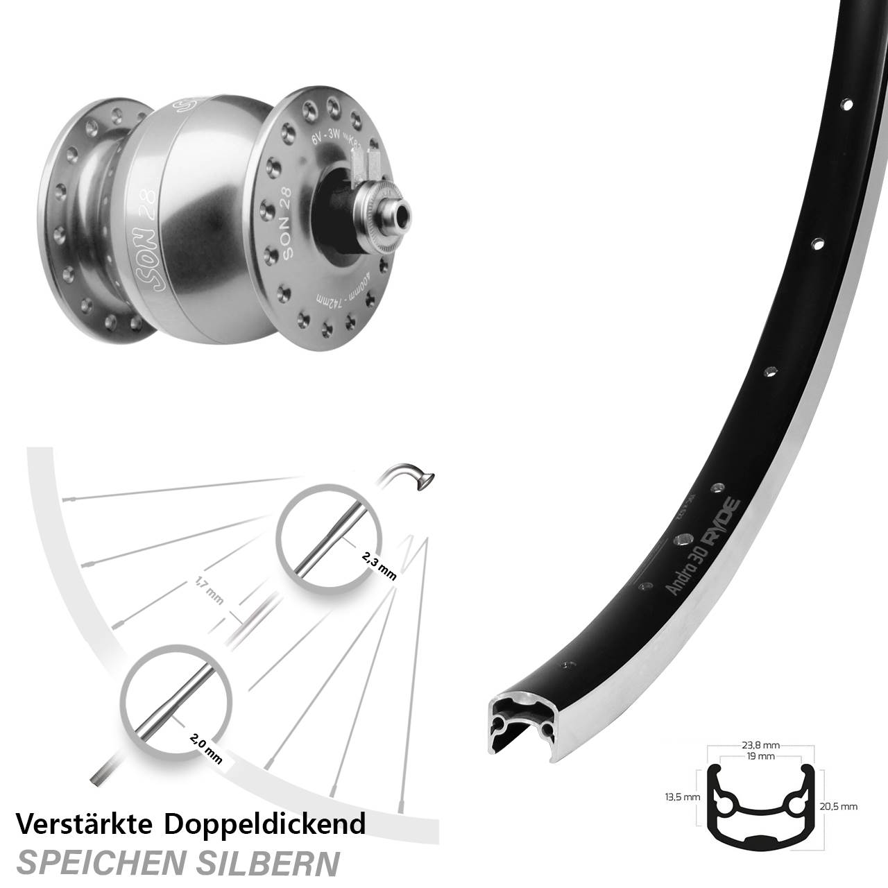 SON 28 Zoll silbern Ryde Andra 30 Vorderrad mit Nabendynamo für Schnellspanner