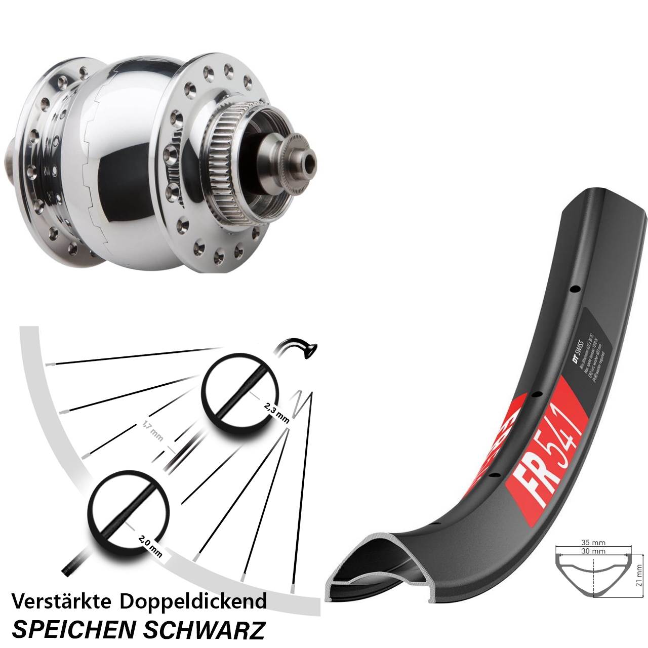 27,5 Zoll DT Swiss FR 541 SON 28 poliert Disc Nabendynamovorderrad für Schnellspanner
