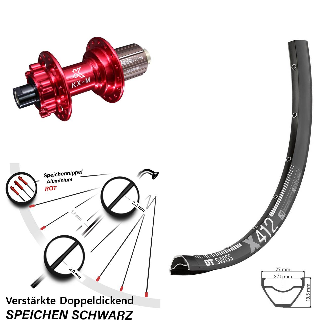 DT Swiss X 412 KX-M rot Disc 6-Loch 29 Zoll Hinterrad 12x142 8-12 fach HG