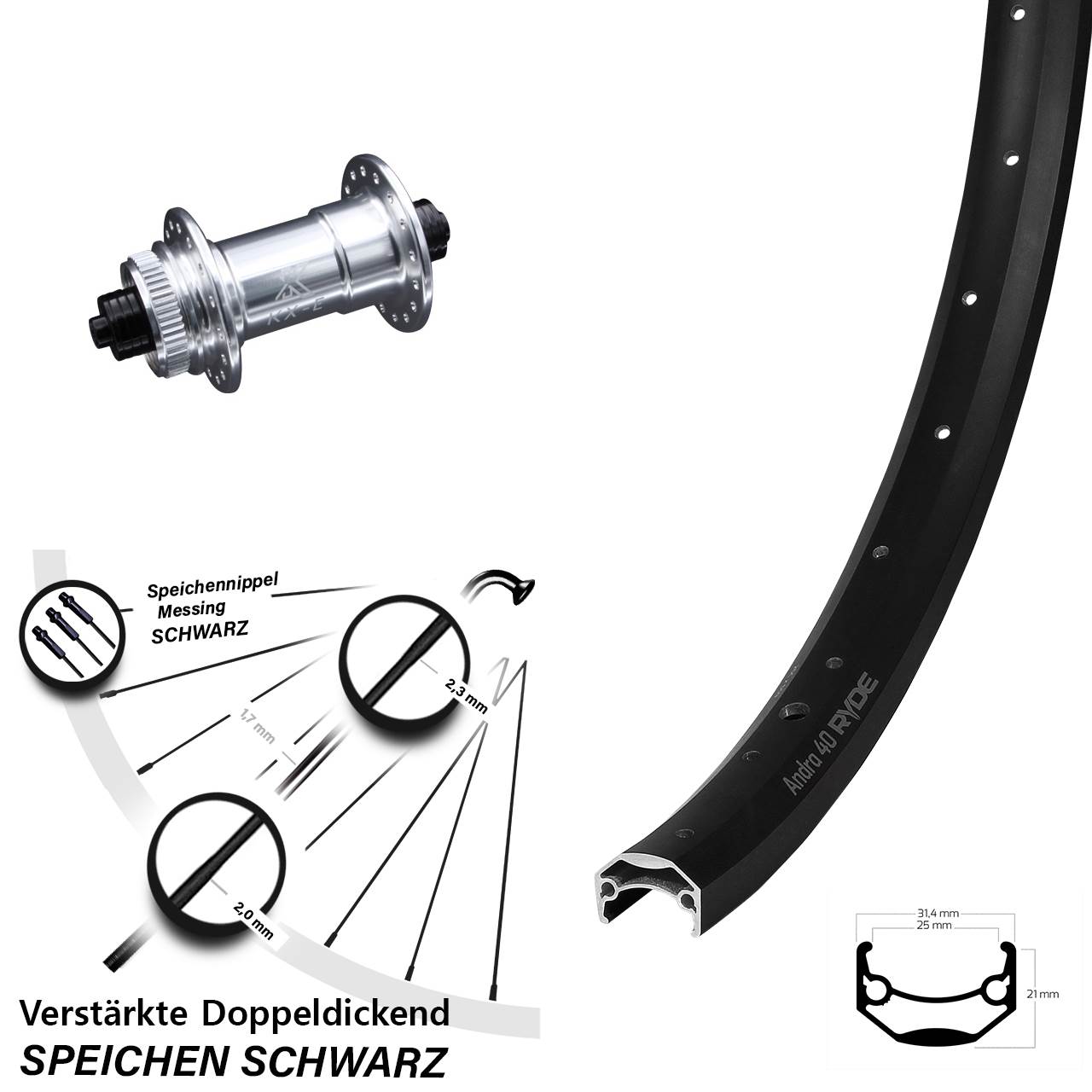 Ryde Andra 40 Disc Vorderrad E-Bike 28-29 Zoll KX-E Nabe silbern-eloxiert 5x100 mm