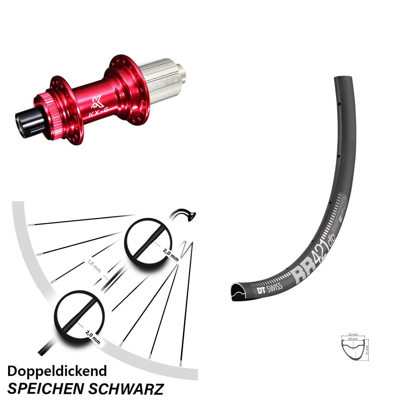DT Swiss RR 421 DB Hinterrad 28 Zoll mit KX-G 8-12 fach Nabe rot-eloxiert Steckachse