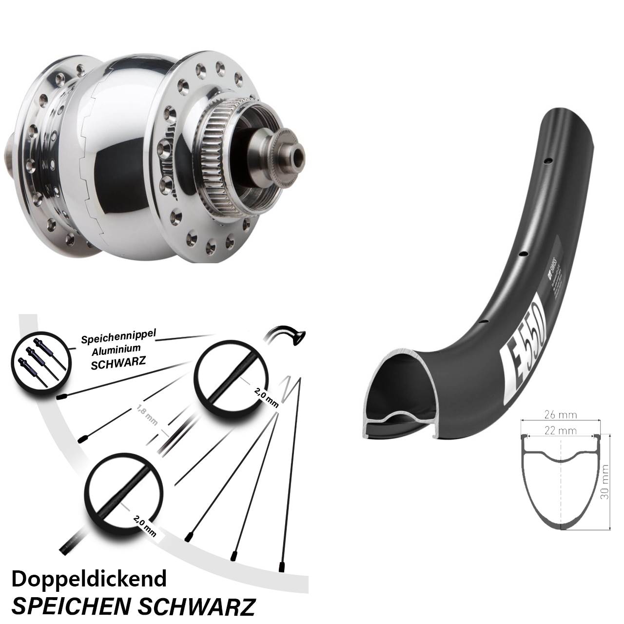 Nabendynamo-Vorderrad Centerlock 28 Zoll DT Swiss E550 SON 28 poliert QR