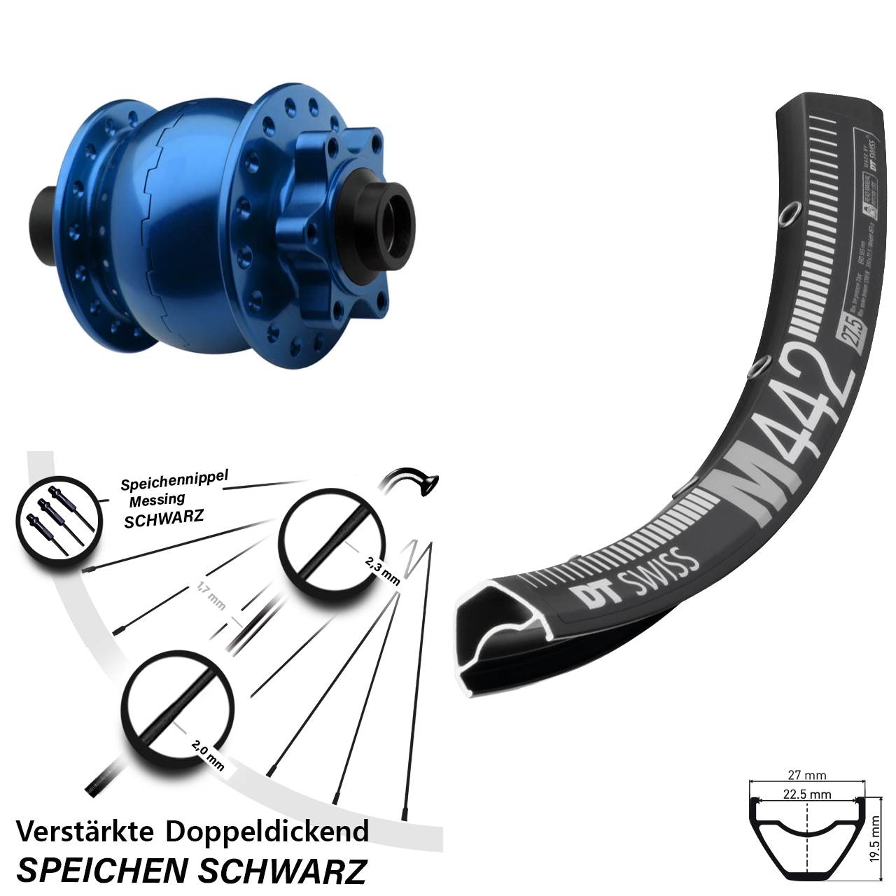 Disc Vorderrad mit Nabendynamo 28-29 Zoll DT Swiss M442 SON 28 blau 15x100