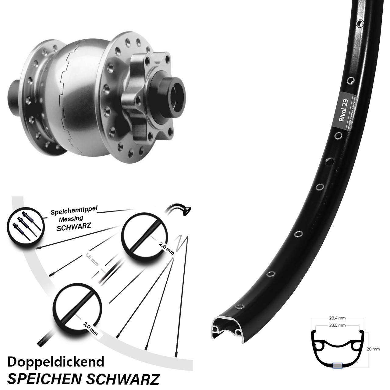 Disc Nabendynamolaufrad 15x100 27,5 Zoll Ryde Rival 23 SON 28
