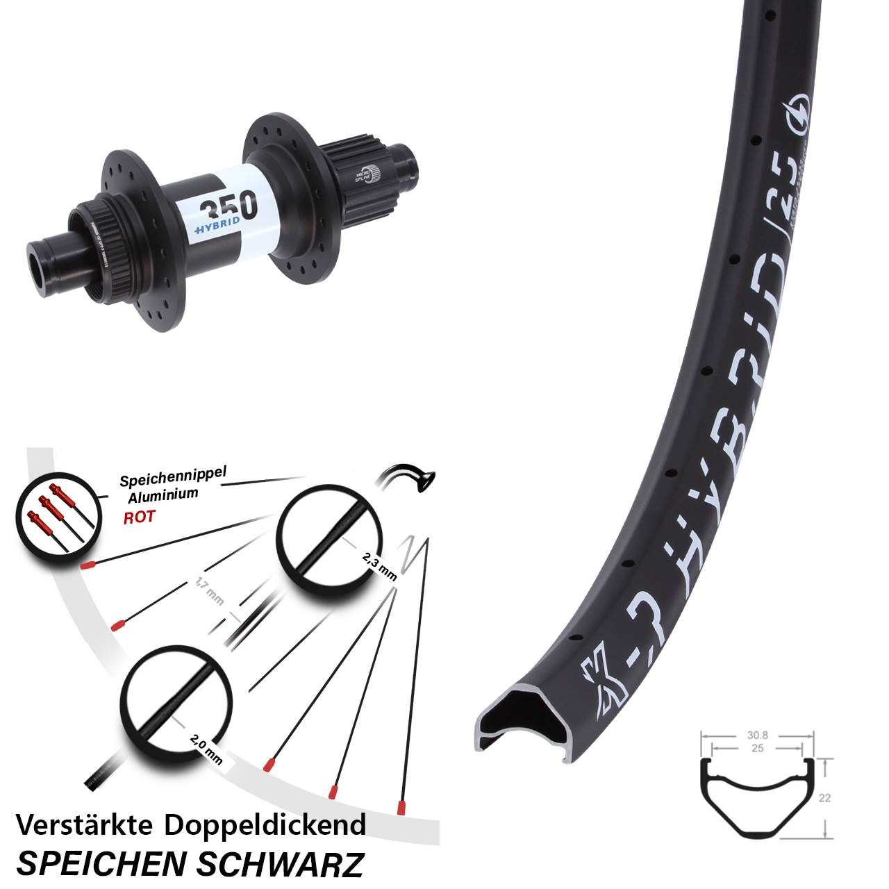 Boost Hinterrad 26 Zoll KX-R Hybrid 25 DT Swiss 350 Shimano Micro Spline