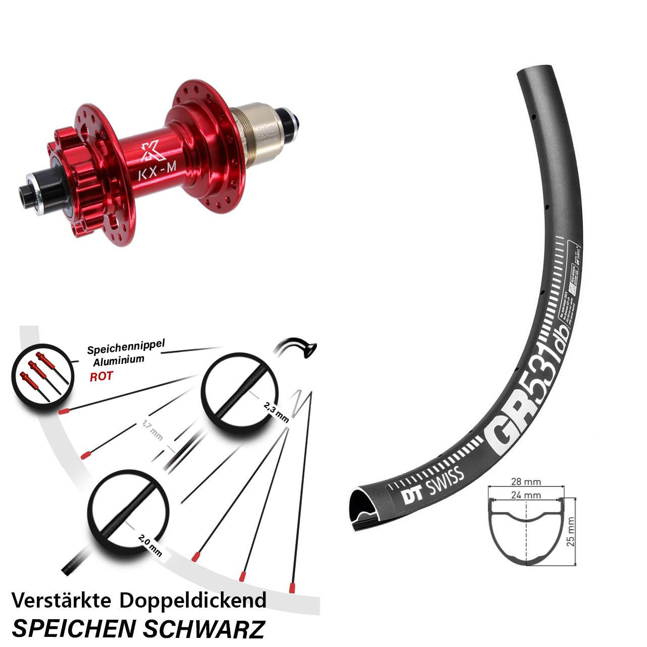DT Swiss GR531 KX-M rot 28-29 Zoll Disc Hinterrad für Schnellspanner XD 11-12 fach