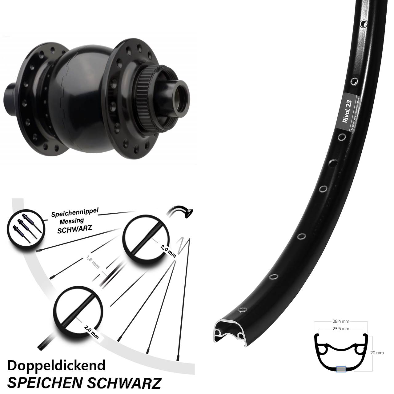 Laufrad 27,5 Zoll Ryde Rival 23 Disc schwarz SON 28-15x110 Centerlock