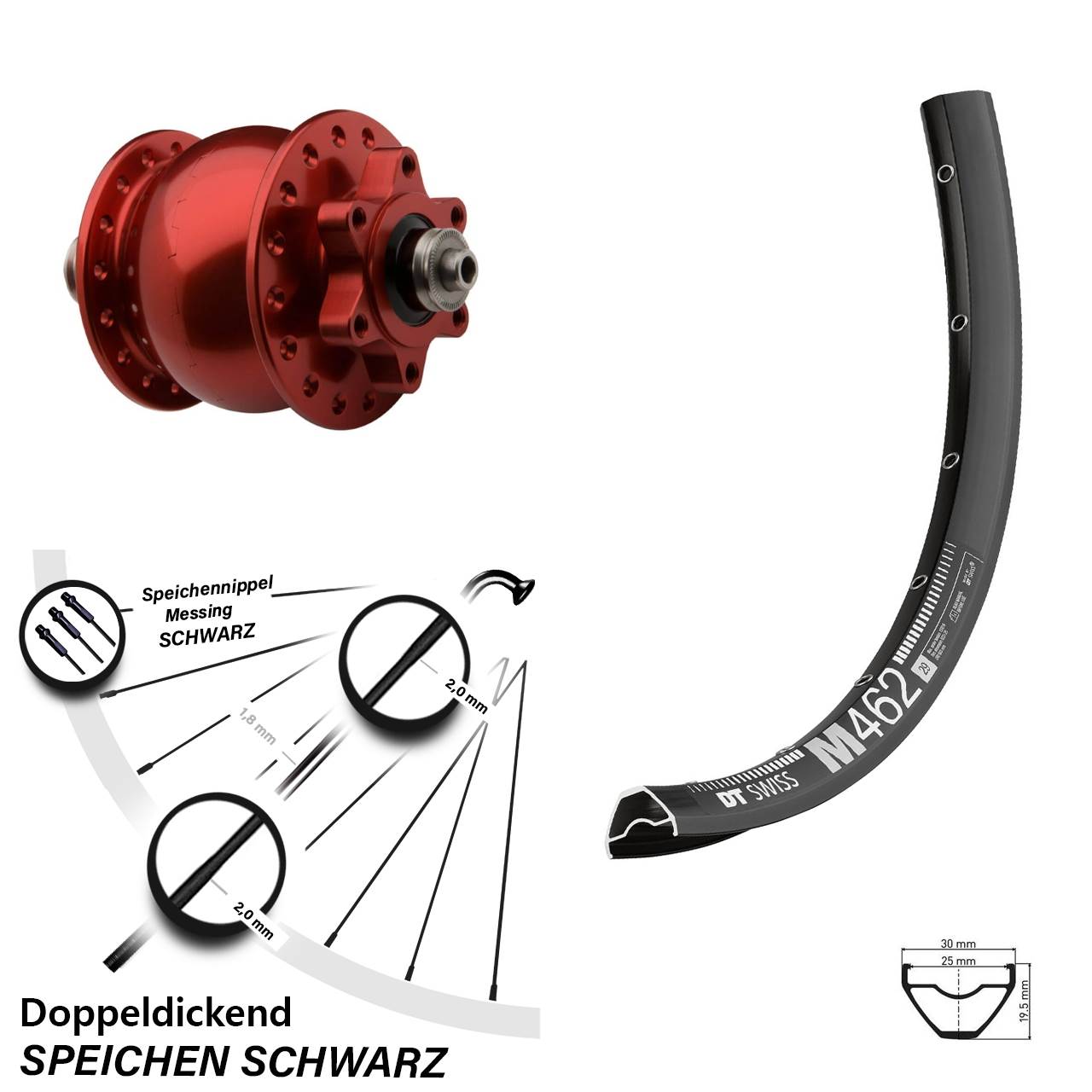 Nabendynamovorderrad 6-Loch für Schnellspanner 650B DT Swiss M462 SON 28 rot