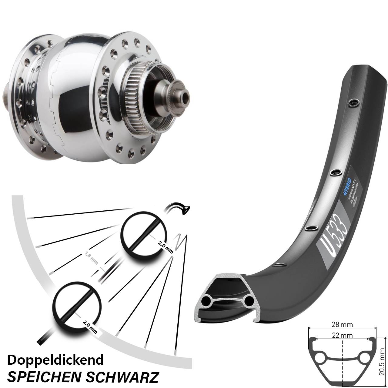 SON 28 poliert DT Swiss U 533 26 Zoll Disc Laufrad mit Nabendynamo für Schnellspanner
